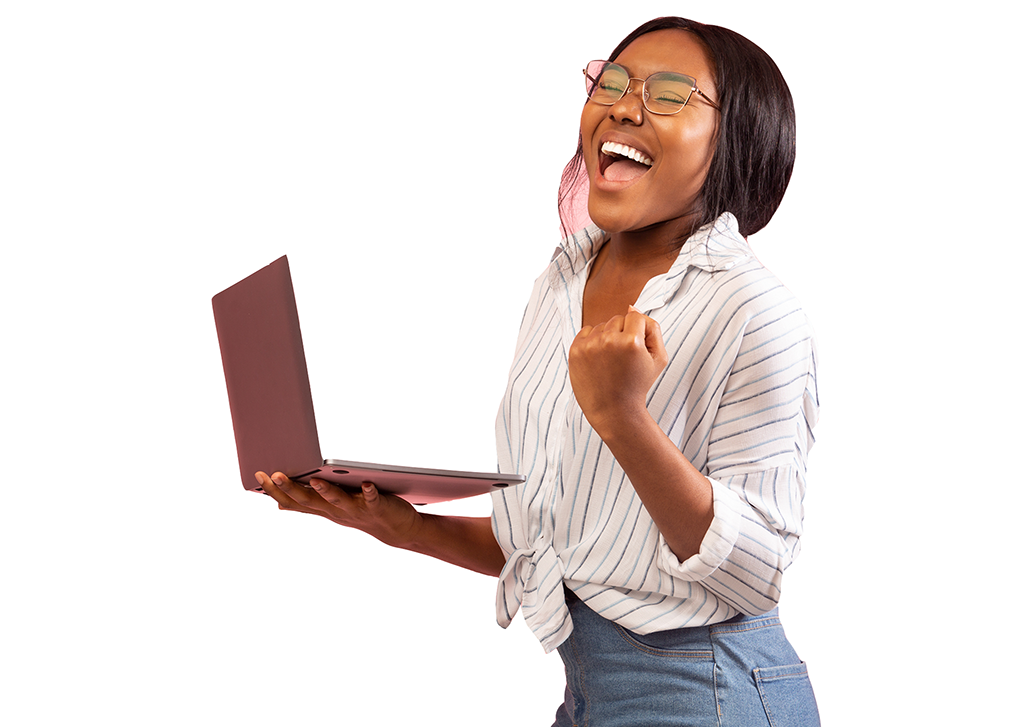 Happy customer holding a repaired laptop