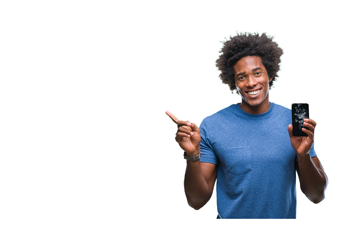 Happy customer pointing at his cracked phone